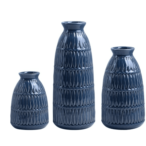 Navy Blue Ceramic Flower Vases for Home Decor Set of 3, Living Room Décor, Modern Farmhouse and Neutral Home Décor, Pmpas Grass Vase, Shelf, Mantle, Centerpieces Minimalist Décor