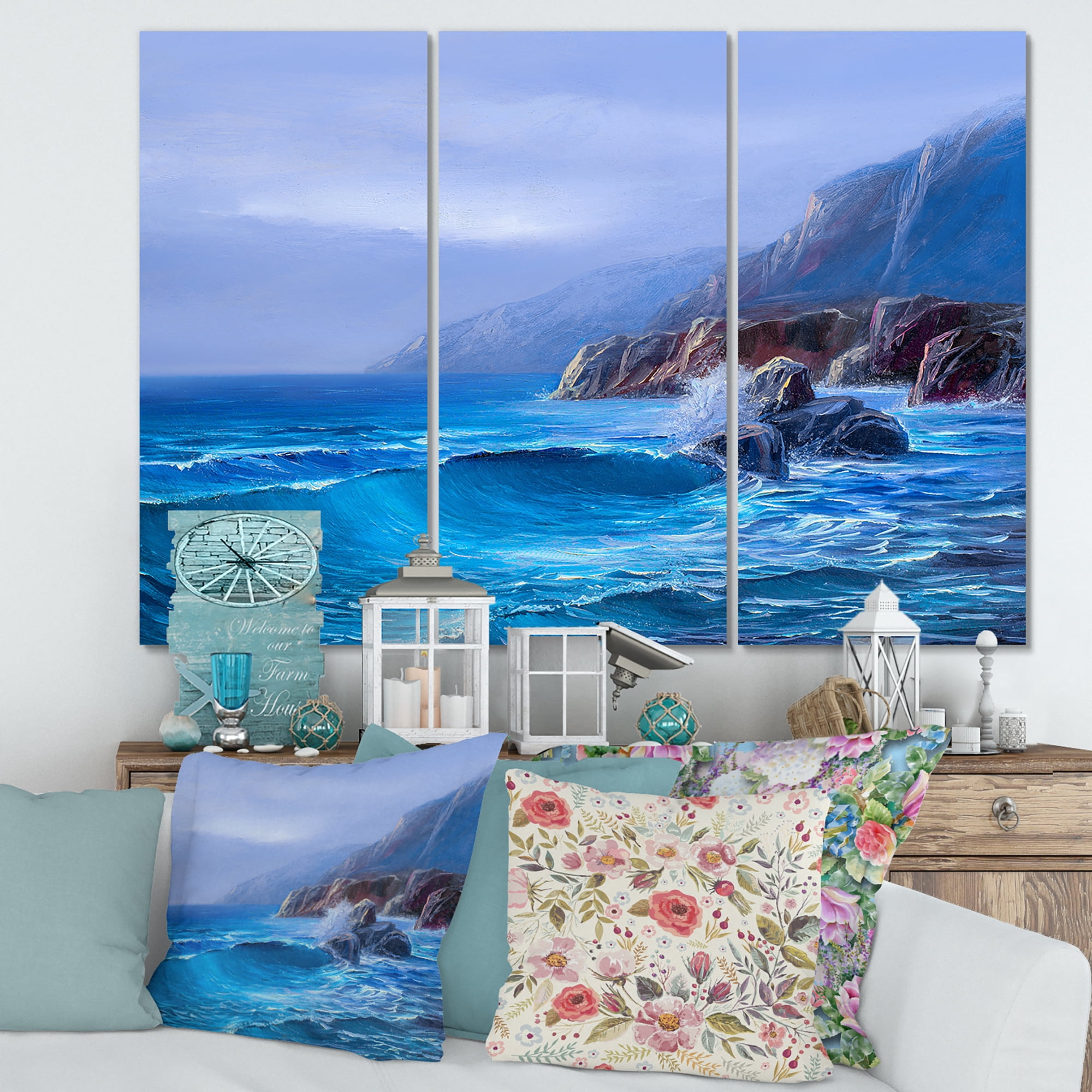 Designart ' Sunrise Glow On Sea Wave Paints On A Canvas ' Nautical & Coastal Canvas Wall Art Print