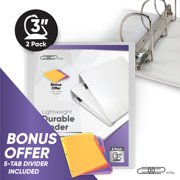 Xcel 3 Lightweight Durable Binder, 3 D-Ring Binder, White, 2 Pack, Includes 5 Binder Dividers