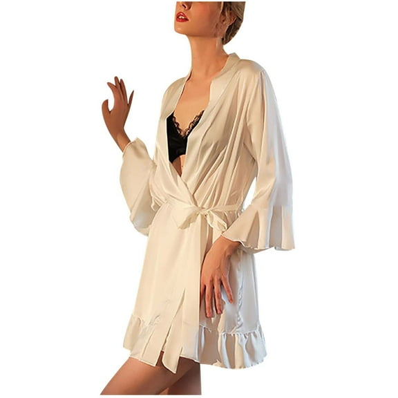 Women's Satin Robe Pure Color Short Robes Ruffle V-Neck Bridesmaid Wedding Bathrobe Sleepwear Nightgown Dressing Gown