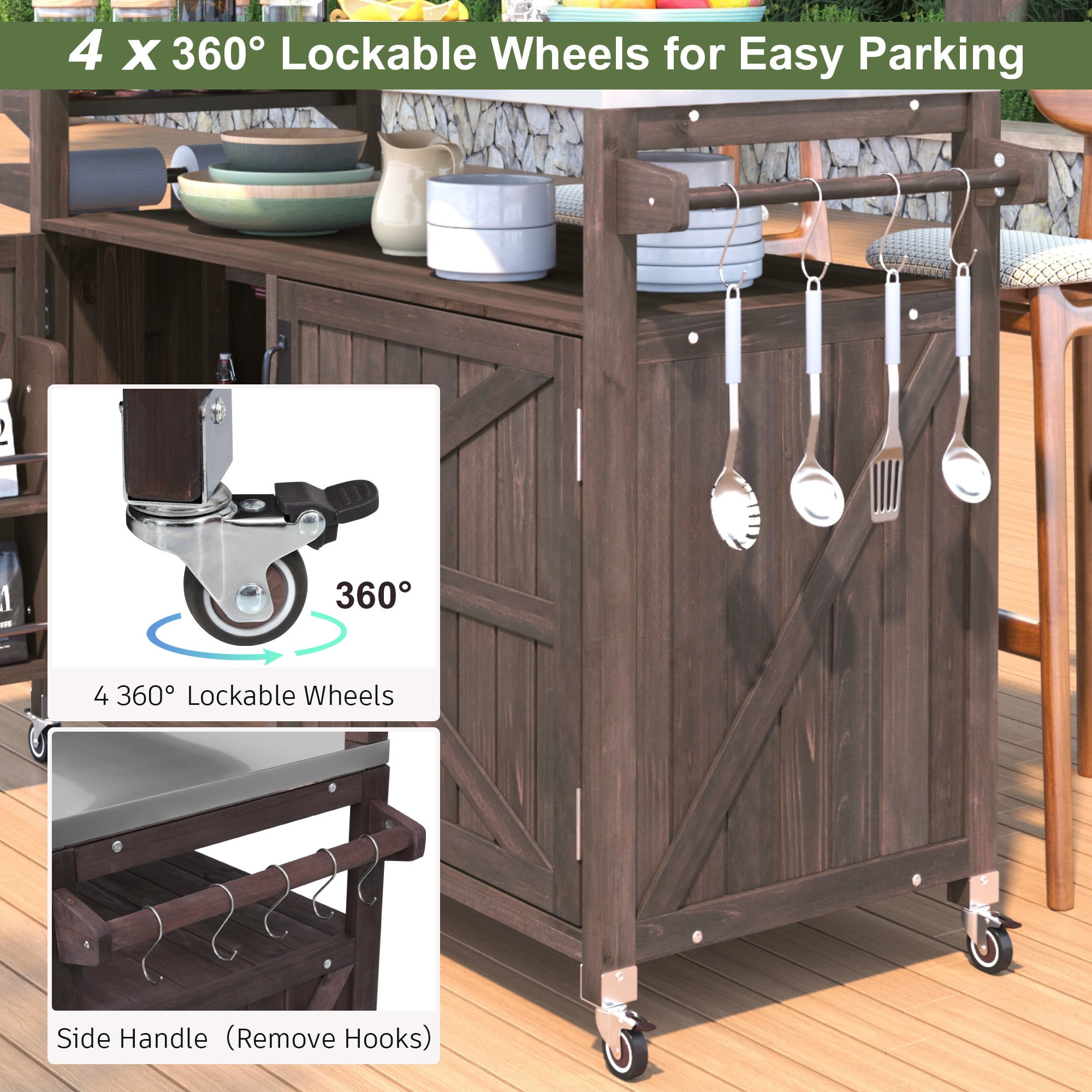 DEALTOPS Outdoor Kitchen Island Storage Cart with Raised Shelf and Stainless Steel Top, Grill Prep Cart BBQ Station, Rustic Brown