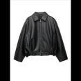 thumbnail image 2 of Chaqueta de Piel Sintética para Mujer, con Cuello de Solapa y Cremallera, Larga, Estilo Motociclista, Abrigo Corto Negro L, 2 of 9