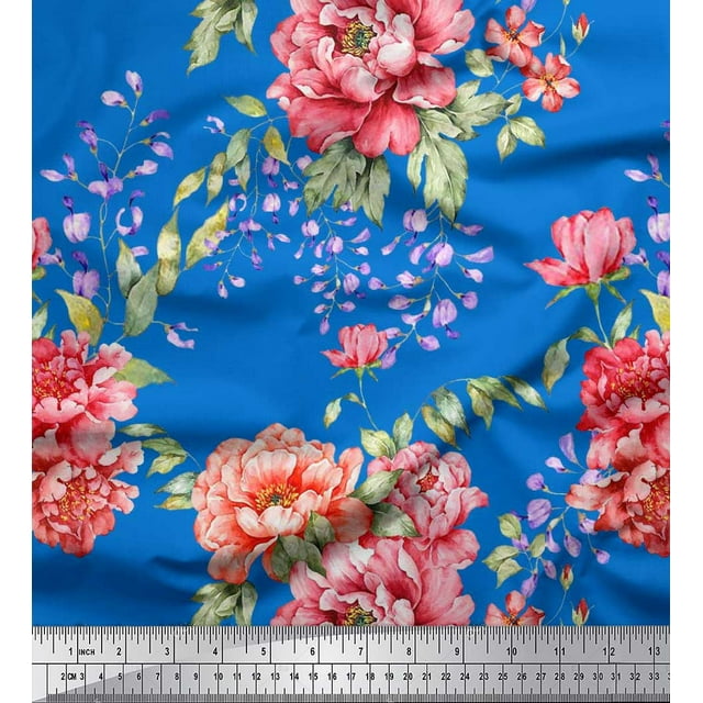 Soimoi Poly Georgette Fabric Leaves & Peony Floral Print Sewing Fabric Yard 52 Inch Wide