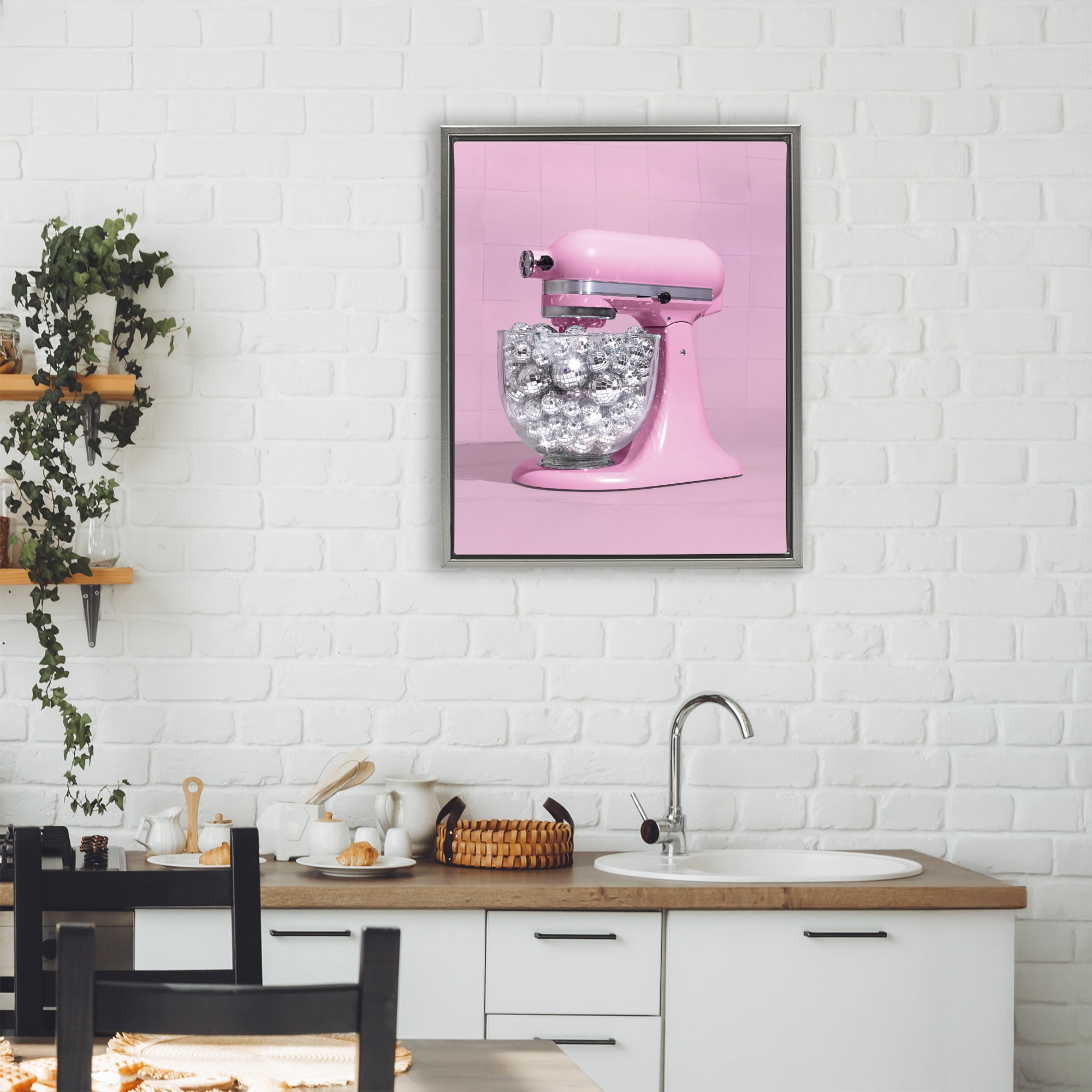 Stupell Industries Disco Kitchen Mixer over Pink Gray Framed Floater Canvas Wall Art, design by LISH Creative