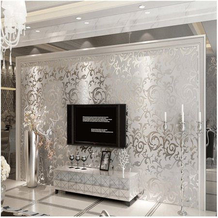Victorian Christmas Scenes Wallpaper Meigar 3D 10m Sliver Non-woven Floral Victorian Damask Embossed Textured Wallpaper Home Living Room Bedroom Indoor Decor TV Background,32.8ftx1.7ft ()