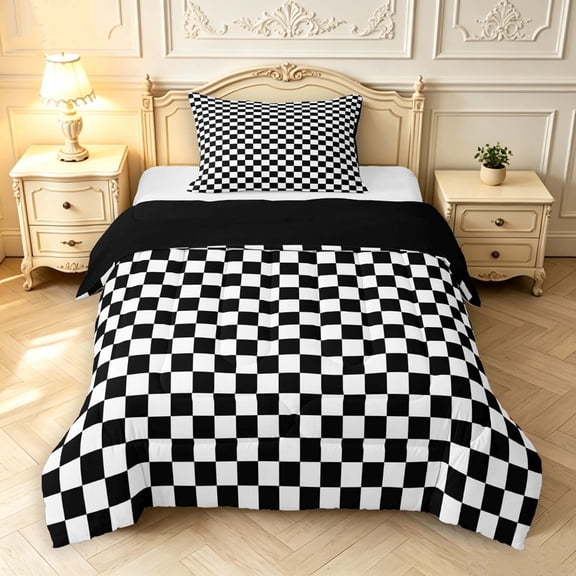 Manfei Vintage Grid Twin Comforter Sets,Modern Checkered Bedding Set,Black White,Black Reversible,2 Pieces,1 Comforter and 1 Pillowcase,2 Pieces,1 Comforter and 1 Pillowcase