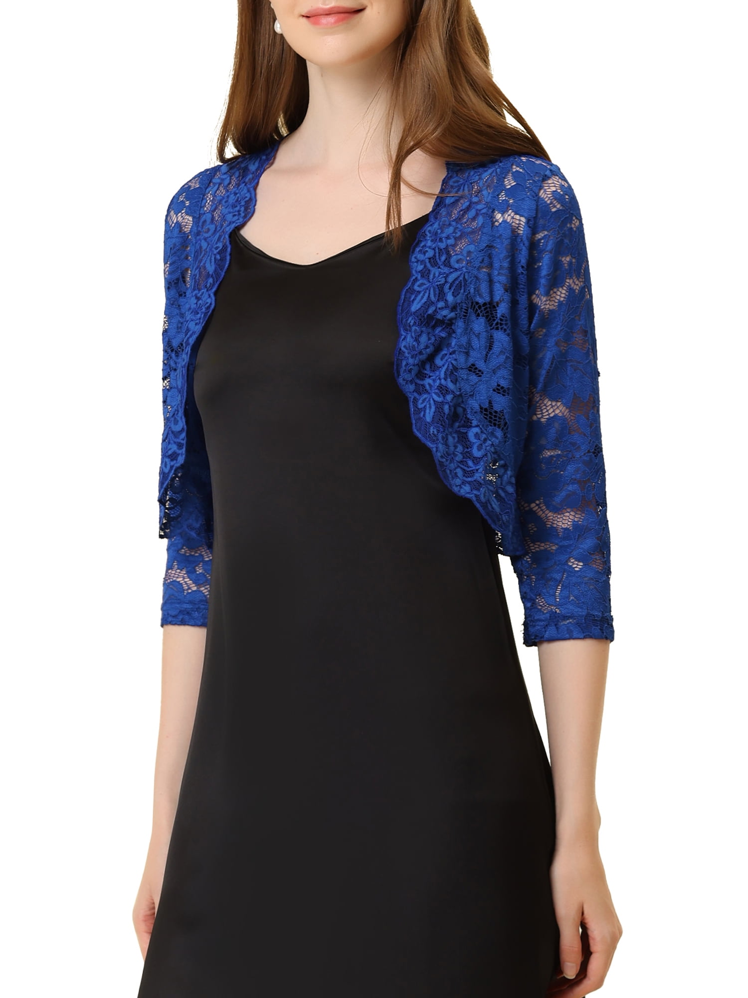 DARING DIVA 3/4 Sleeve Sheer Floral Lace Shrug Top L Cobalt Blue