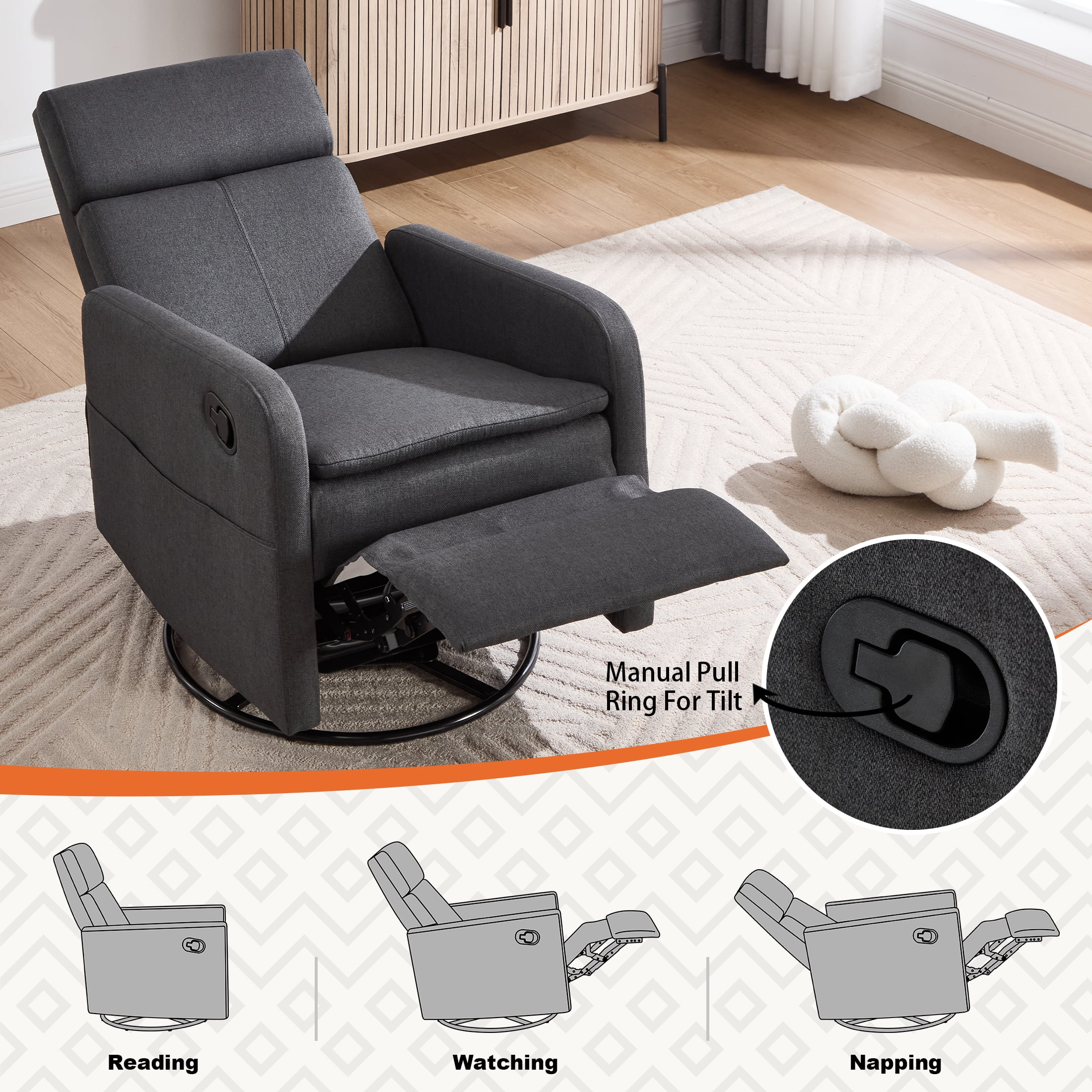 Sfxingyou Swivel Rocking Recliner Chair for Adults, Home Nursery Glider for Living Room,Fabric (Grey)