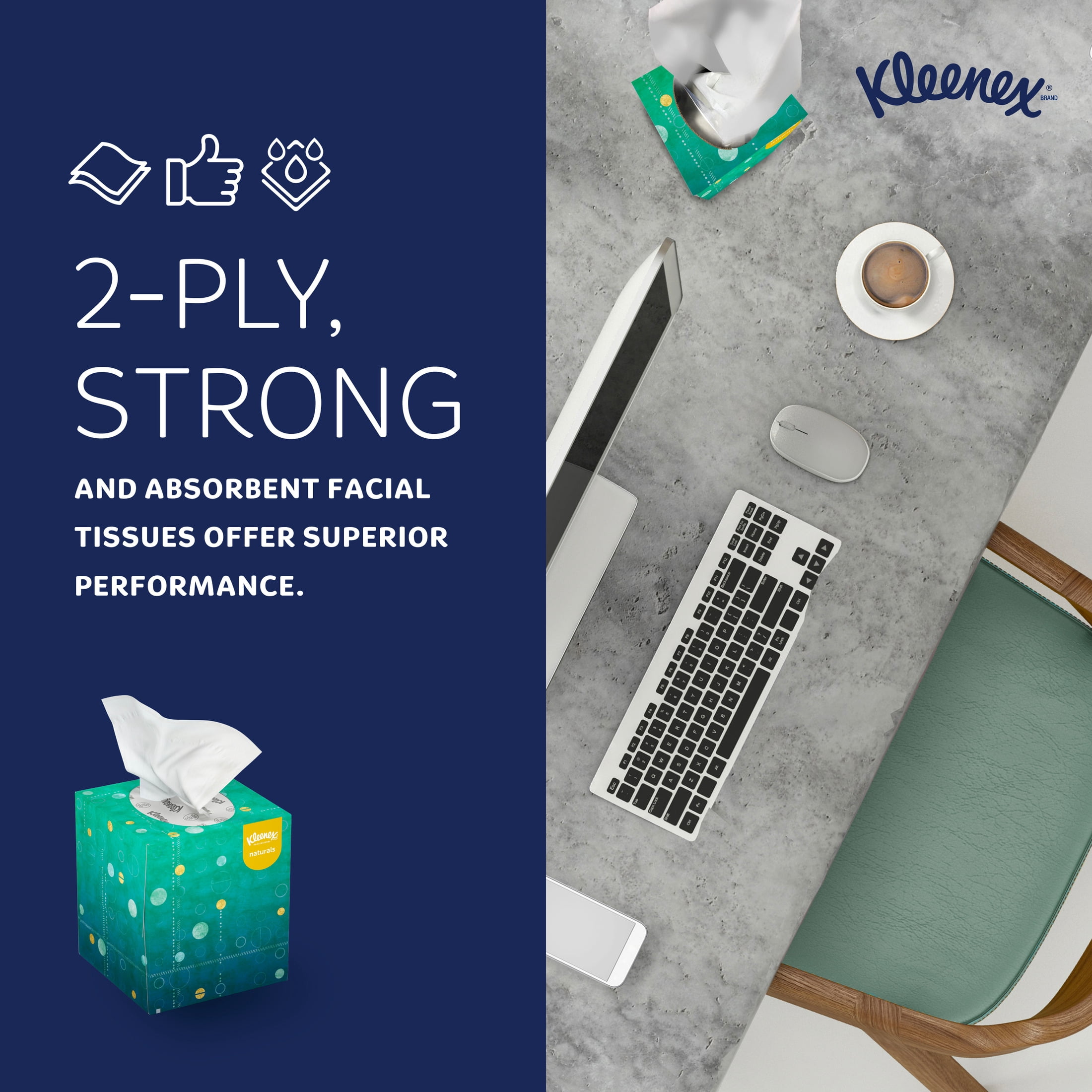 Kleenex Professional Naturals Facial Tissue with Plastic-Free Eco Packaging, Bulk (56027), 2-Ply, White, Upright Cube Boxed Format, Designed for Business (90 Tissues/Box, 36 Boxes, 3,240 Sheets/Case)