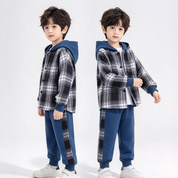 TSHXS 4T Boys Clothes Baby Boy Outfit Plaid Flannel Hooded Button And Elastic Jogger Pants Set