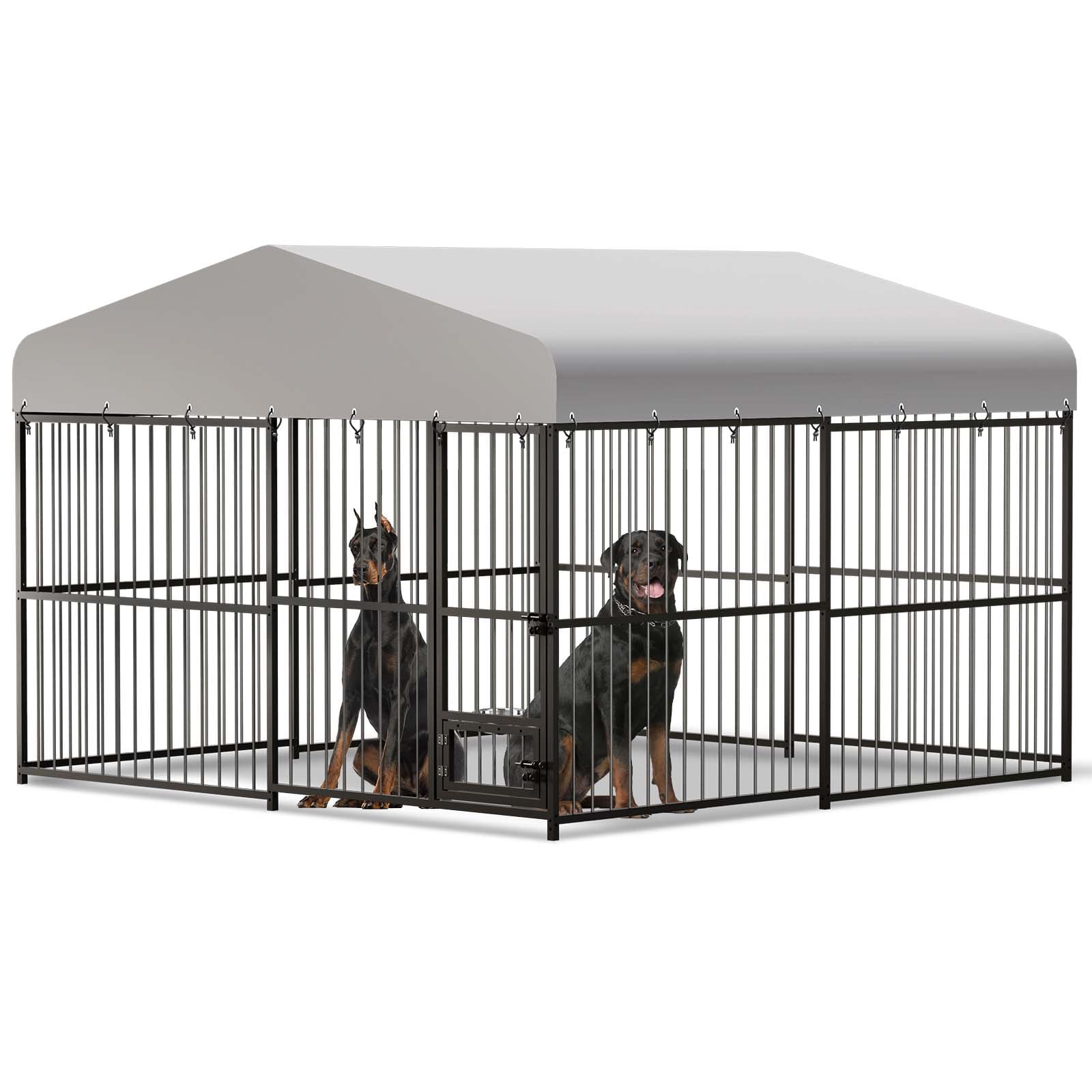 Large Outdoor Dog Kennel, 10x10 ft Dog Kennel Outside with 2 Stainless Steel Bowl, Waterproof Cover, Outdoor Dog Enclosures for Large Dogs