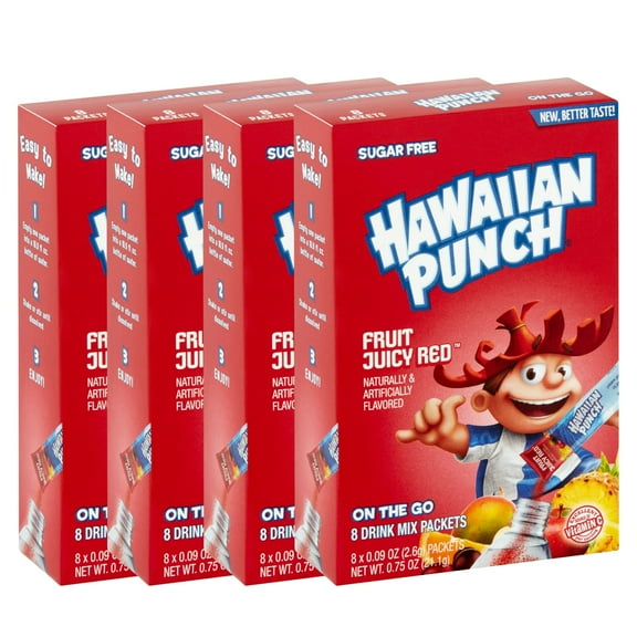 (4) Hawaiian Punch On The Go Powder Packets Fruit Juicy Red Flavors Water Enhancer Sugar-Free Low-Calorie Beverages for Lunch Snacks Picnics Travel 8 Sticks (32 Total Servings) &CUSTOM Storage Carrier