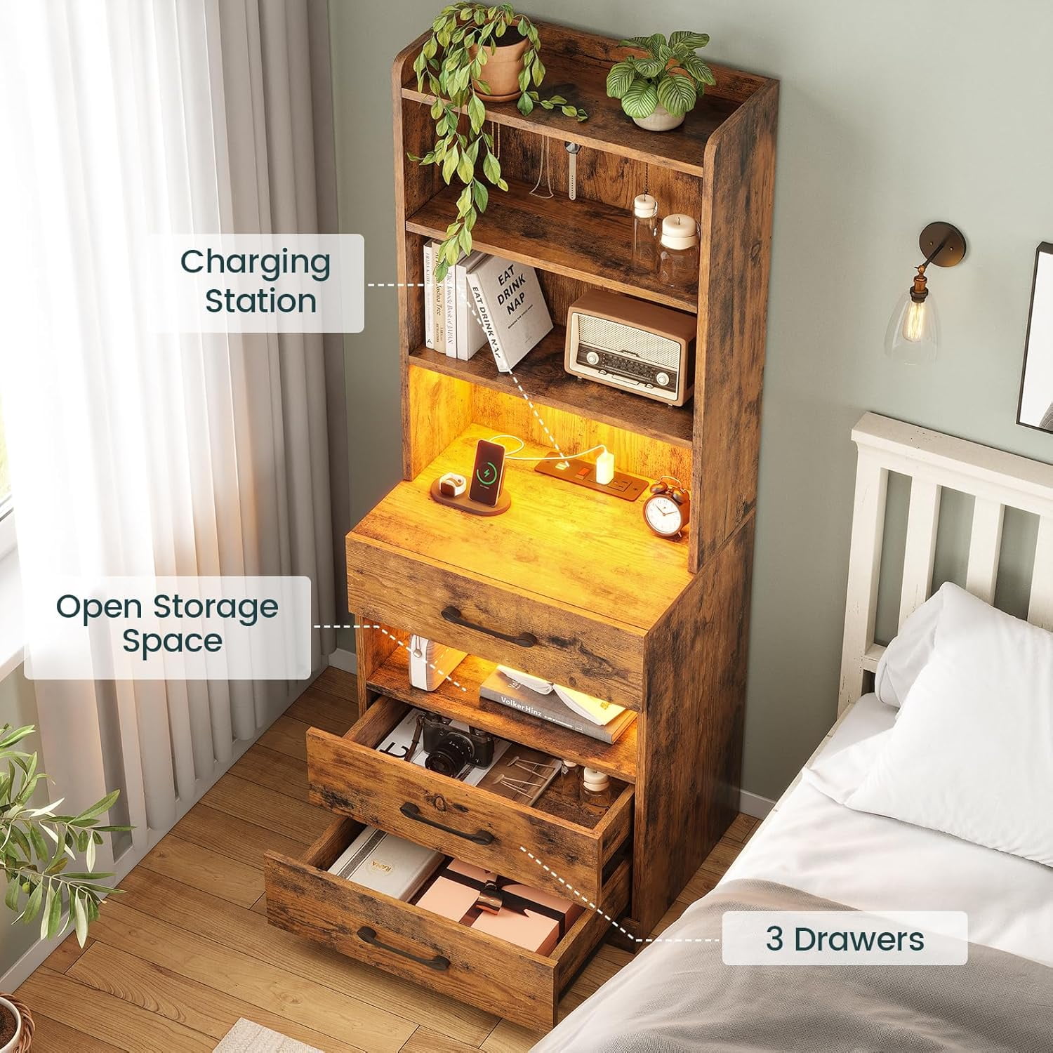 AOGLLATI 51.8in Tall Nightstand with Charging Station, LED Lights, Bookshelf, 3 Drawers, Bedside Table
