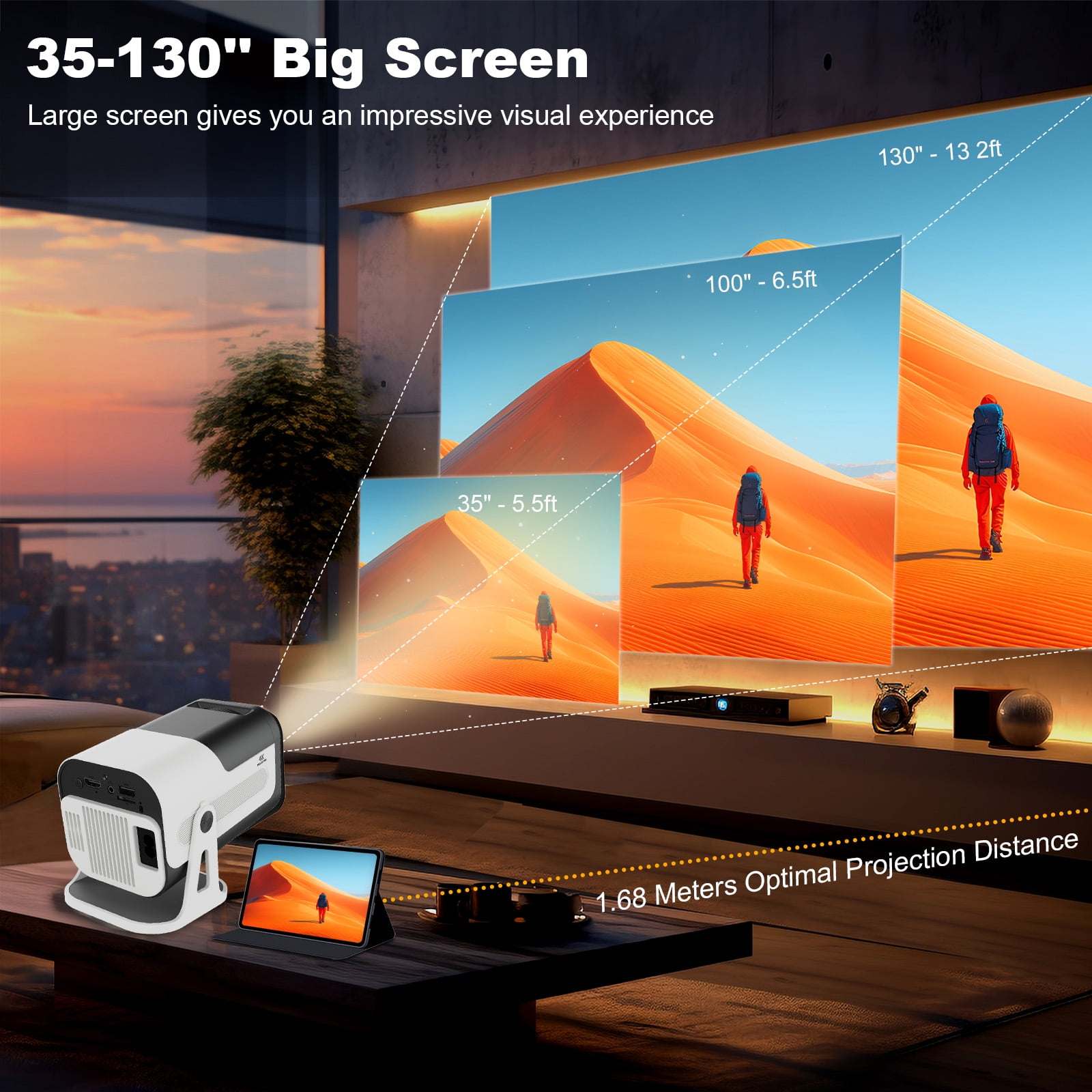 BDQ Mini Portable Projector, Support 4K 1080P with Dual-Band WIFI6 5G Wireless 5.0 Bluetooth Android 13, 180° Rotatable, Auto Keystone Correction, 35"-130" Screen Video Projector