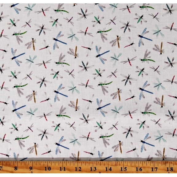 Cotton Dragonflies on White Dragonfly Insects Bugs Summer Splash Cotton Fabric Print by the Yard (Y4105-1WHITE)