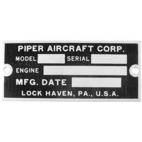 Piper Data Plate, J-3 Cub, L-4, PA-18, Vintage Aviation  DPL-0104