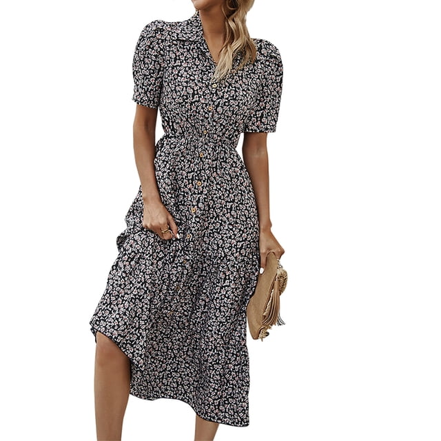 Txlixc Vestido de manga corta femenino con solapa impresa en flores Txlixc moda