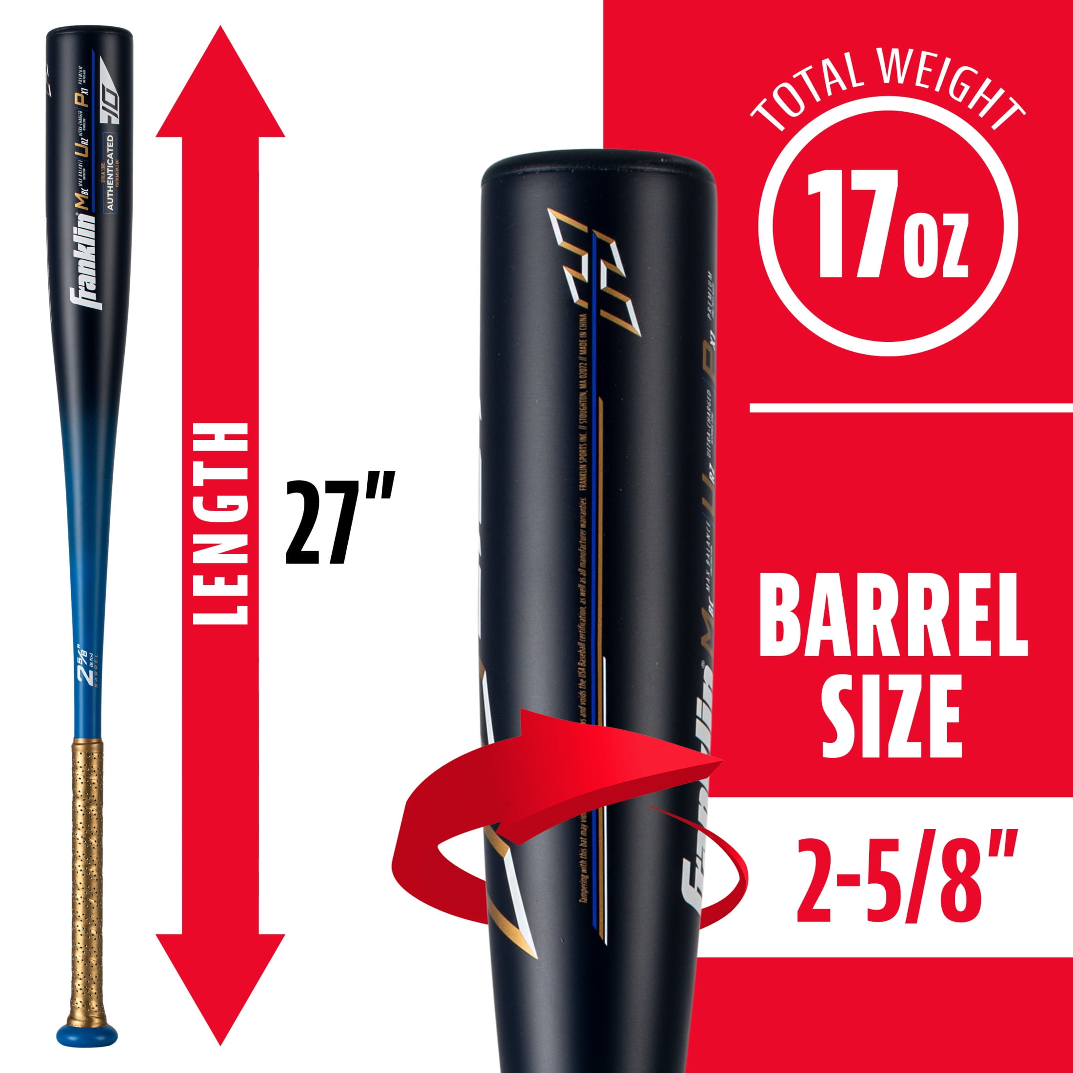 Franklin Sports Heist 1000 Youth Aluminum Baseball Bat, 27 in/17 oz, Drop -10, Royal