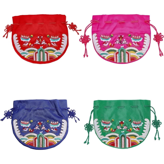 4Pcs 4 Colors Traditional Korean Pouch Embroidered Drawstring Bags Half Round Cloth Packing Pouches for Wedding Candy Jewelry Bags