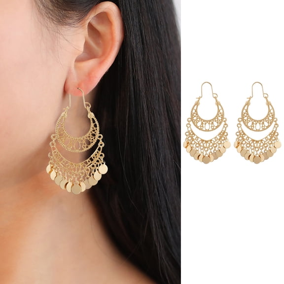 SmartBy 1 Pair Hanging Earrings Vintage Sequin Tassel U-shaped Hollow Out Exquisite Stainless Anti-allergy Bohemian Ethnic Party Prom Dangle Earrings