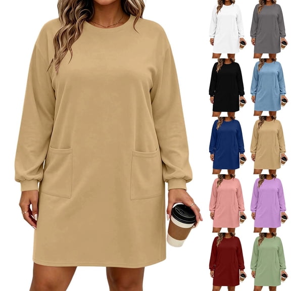 Ashirexll Long Sleeve Dress for Women Plus Size Loose Long Sleeve Round Neck Solid Color with Pockets Midi Dress