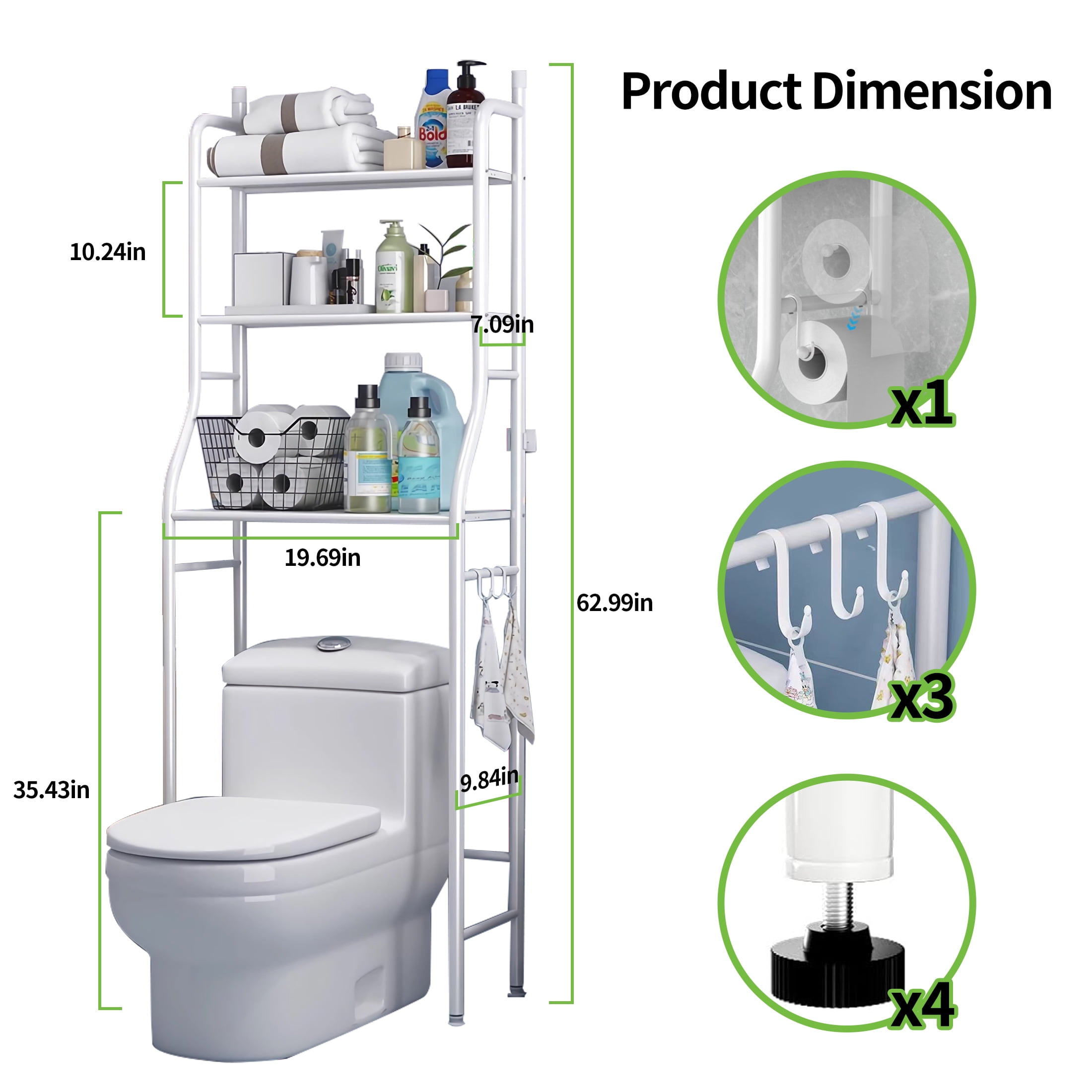 HioHa Over the Toilet Storage, 3-Tier Bathroom Organizer with Paper Holder & 3 Hooks, Sturdy & Stable Freestanding Space Saver Toilet Rack, White