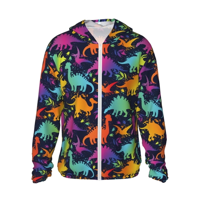 Balery Colorful Dinosaur Sudadera ligera de manga larga con capucha y protección solar UPF 50+ para hombre y mujer, ideal para pesca y running-Medium