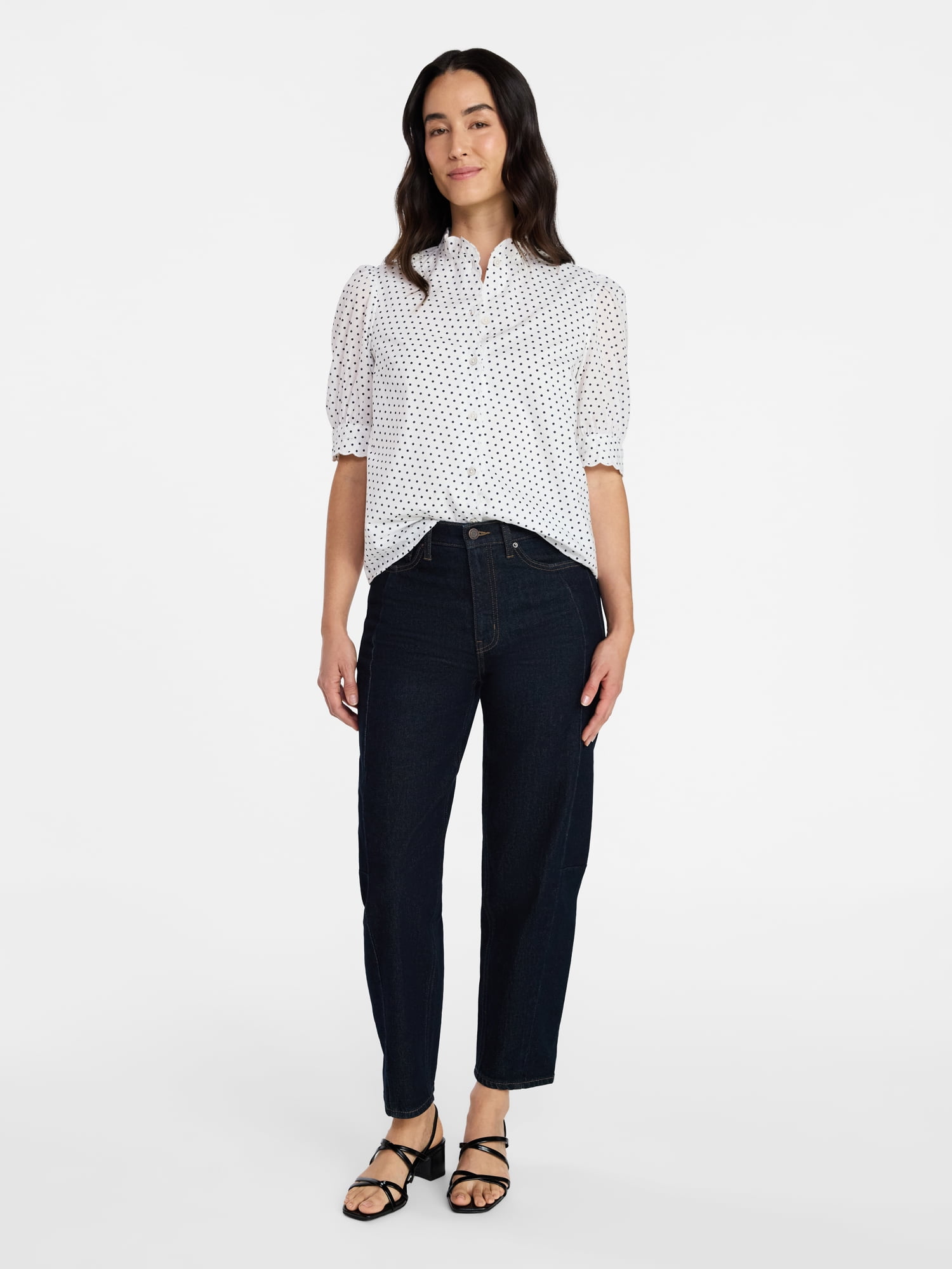 Time and Tru Women's Scallop Trim Cotton Button Down Shirt with Short Sleeves, Sizes XS – XXXL