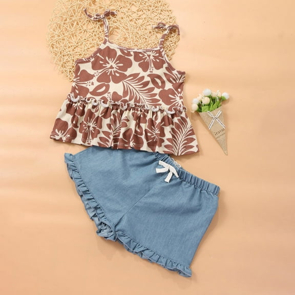 ATOGUTA Toddler Summer Outfits for Girls Tie Knot Shoulder Sleeveless Ruffle Tops and Shorts Cute Summer Outfit for Girls Sizes 1T-8