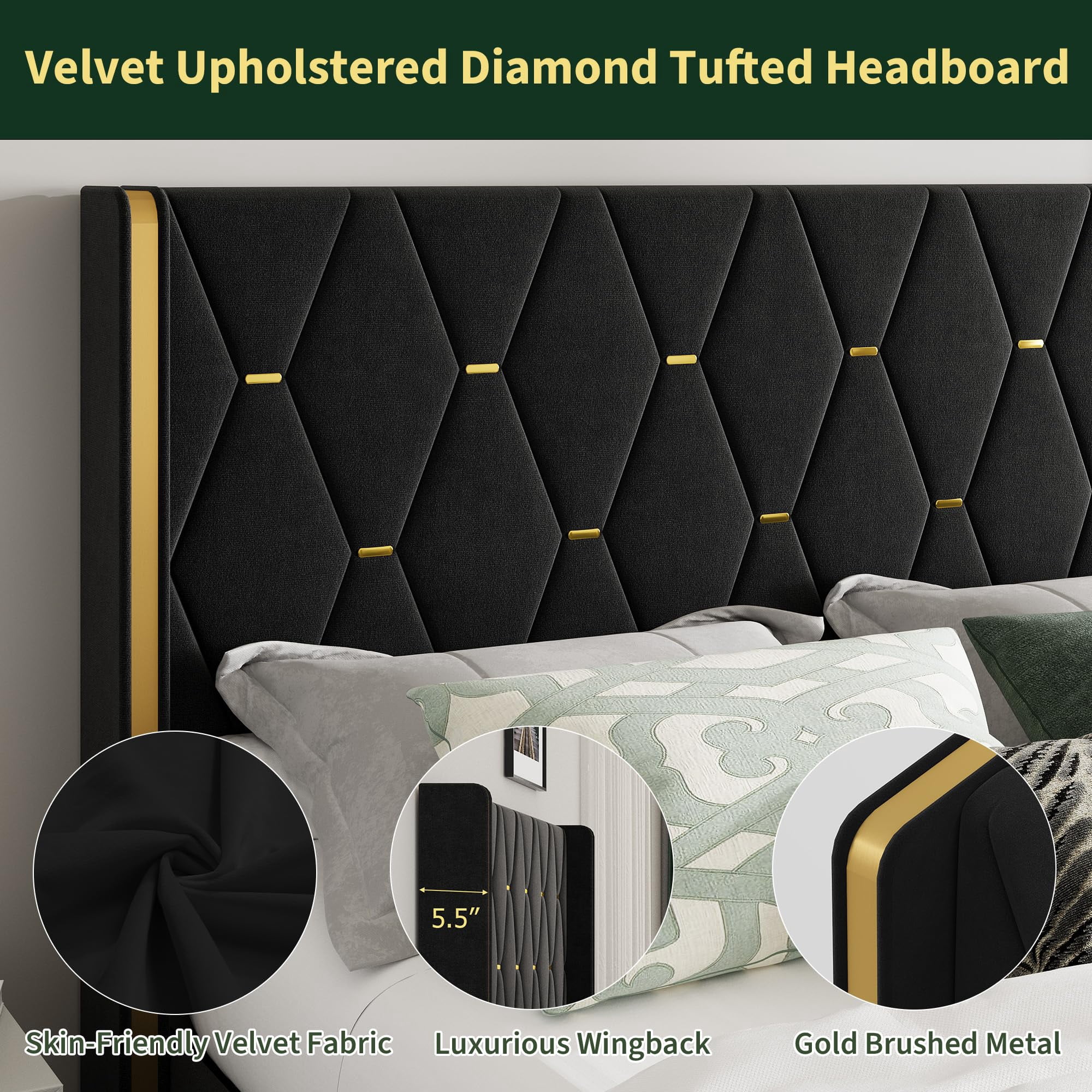Full Size Lift Up Storage Bed Frame with with Gold Wingback Headboard, Velvet Upholstered Bed Frame with Diamond Tufted Design & Gold Trim, Hydraulic Support, No Box Spring Needed