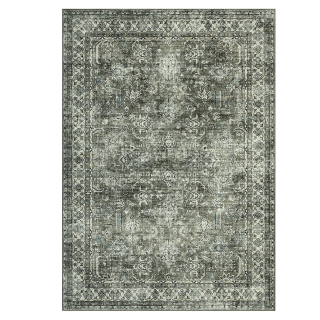 Machine Washable Area Rug for Living Room Bedroom - Non-Slip, Low Pile, Vintage Distressed Floral Carpet, Mark Resistant Collapsible Accent Rug for Dining Room Kitchen Entryway - Brown Green, 5x7ft