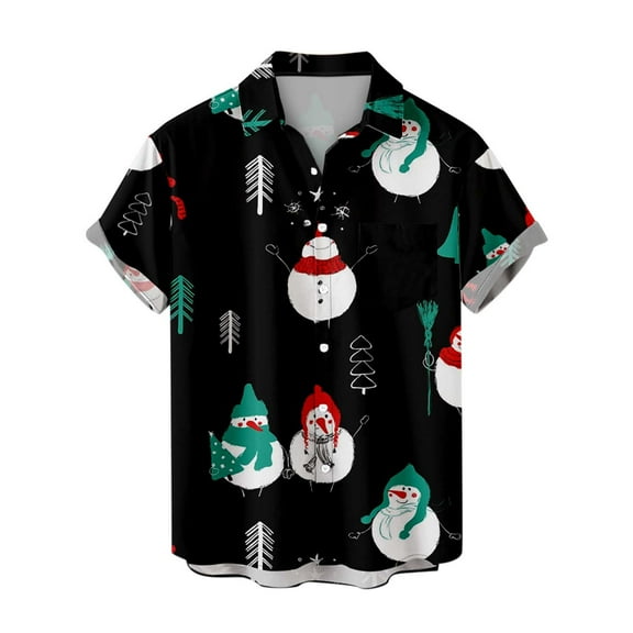 IROINNID Christmas Funny T-Shirt for Men Xmas Print Button Up Tops Vacation Holiday Gift Hawaiian Shirt,Black