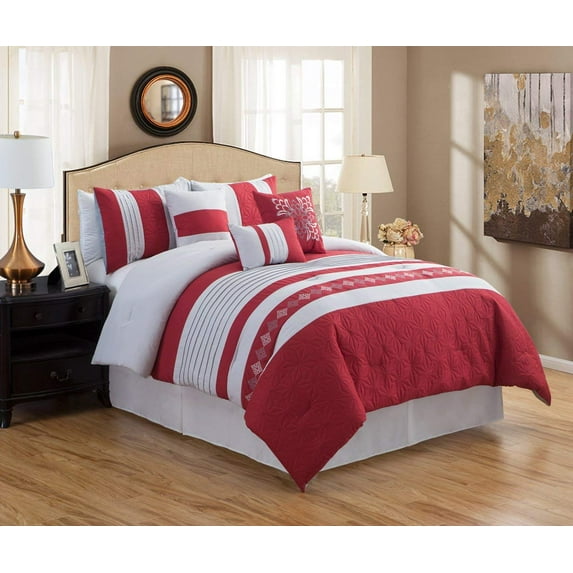 HGMart Bedding Comforter Set Bed In A Bag - 7 Piece Luxury Embroidery Microfiber Bedding Sets - 100% Polyester Bedroom Comforters, Red, King