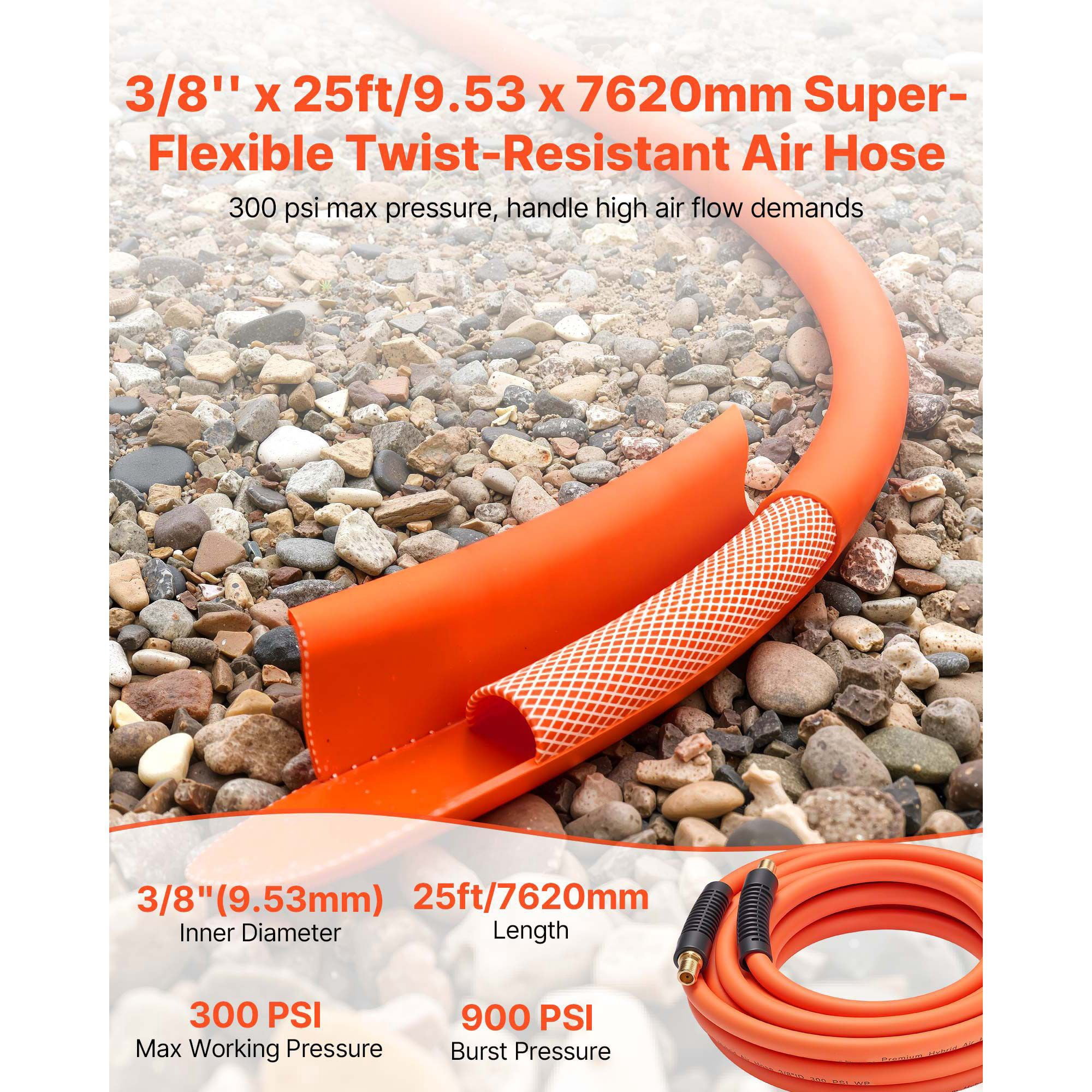 Air Hose, 3/8'' x 25ft Hybrid Air Hose, Lightweight, Kink Resistant, Pneumatic Hoses with 1/4 inch Solid Brass Male Fitting, Three-Layer Hybrid Material, 300 PSI, All-Weather Flexibility, Orange