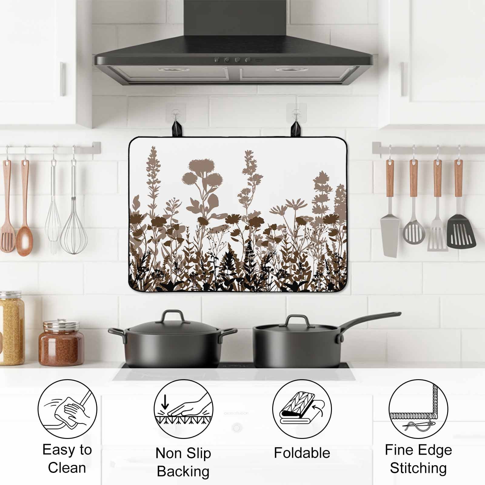 Brown Flowers Stove Top Cover for Electric Stove, Heat-proof & Non Slip Glass Top Stove Cover Protector, Vintage Country Spring Wild Floral Herbs Kitchen Flat Cooktop Rubber Mat 36x21 Inches