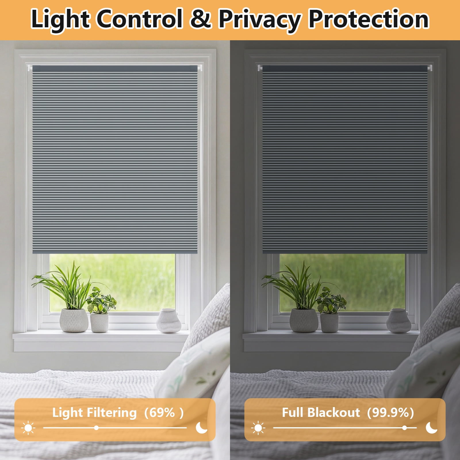 Shade&Beyond 34"x48" No Drill Cordless Blackout Cellular Shades, Thermal Insulated Noise Reducing Honeycomb Blinds for Indoor Windows, Dark Gray