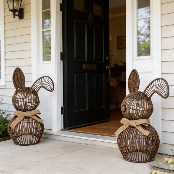 2026 Rattan Woven Easter Bunny Decor Outdoor, Bunny Topiary Statue Farmhouse Rabbit Easter Decorations for Home Porch Garden Spring Decor