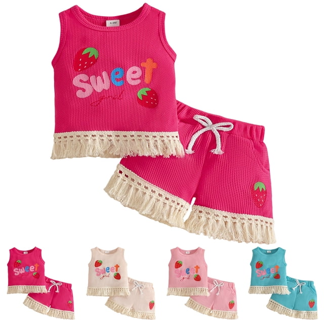 Faraee 0-3 Years Toddler Baby Girl Summer Clothes Ribbed Waffle 2 Piece Outfits Tassel Hem Tank Tops Drawstring Shorts Clothing Set Beige