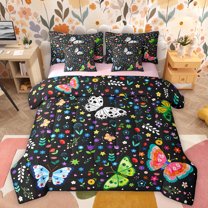 Manfei Colorful Flower Floral 7-Piece Twin Bedding Sets,Gothic Butterfly Moth Bedding Comforter Set,Rustic Plant Daisy Sheet Sets For Girls,Ultra Soft Home Decor Reversible