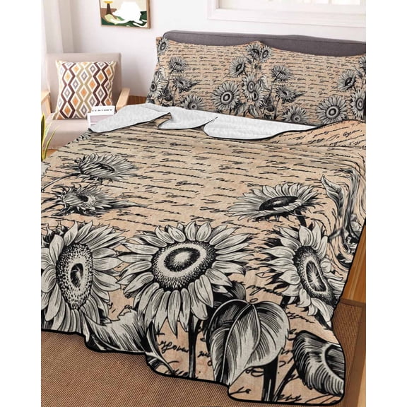 Vintage Sunflower Full Size Down Alternative Comforter, Lightweight Comforter Quilt Bedding Set with Pillow Shams Farmhouse Country Floral Plant All Seasons Bed Comforter Duvet Insert 78"x90"