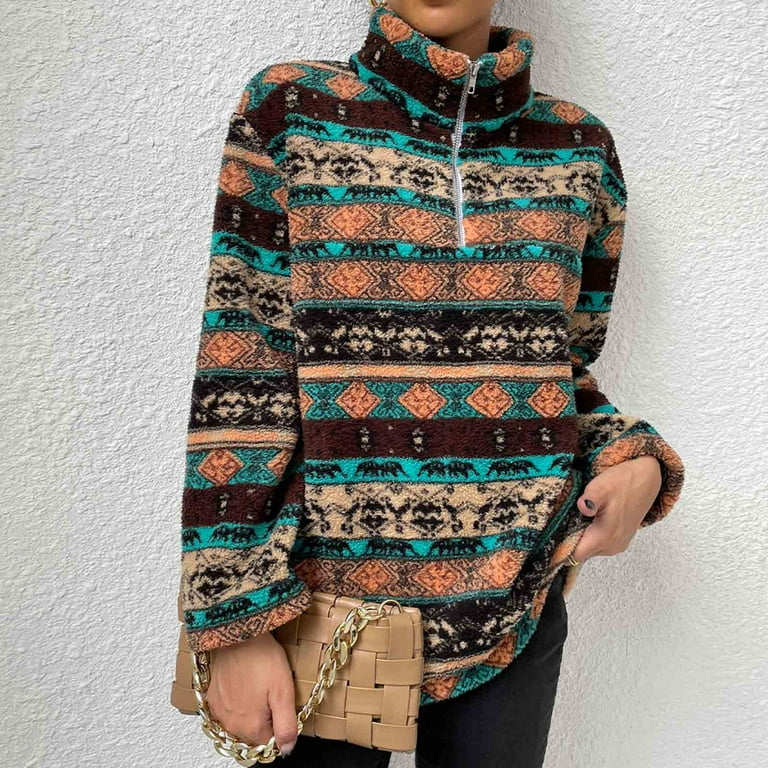 Women Turtle Neck Sweatshirt Western Aztec Print Sherpa Pullover Quarter Zip Long Sleeve Hip Hop Fluffy Soft Fleece Top Walmart