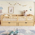 thumbnail image 2 of Bellemave Twin XL Montessori Bed with Storage Drawers and Guardrail, Wood Twin XL Low Profile Floor Bed Frame with Door, Daybed with Fence and Slat Support, Natural, 2 of 8