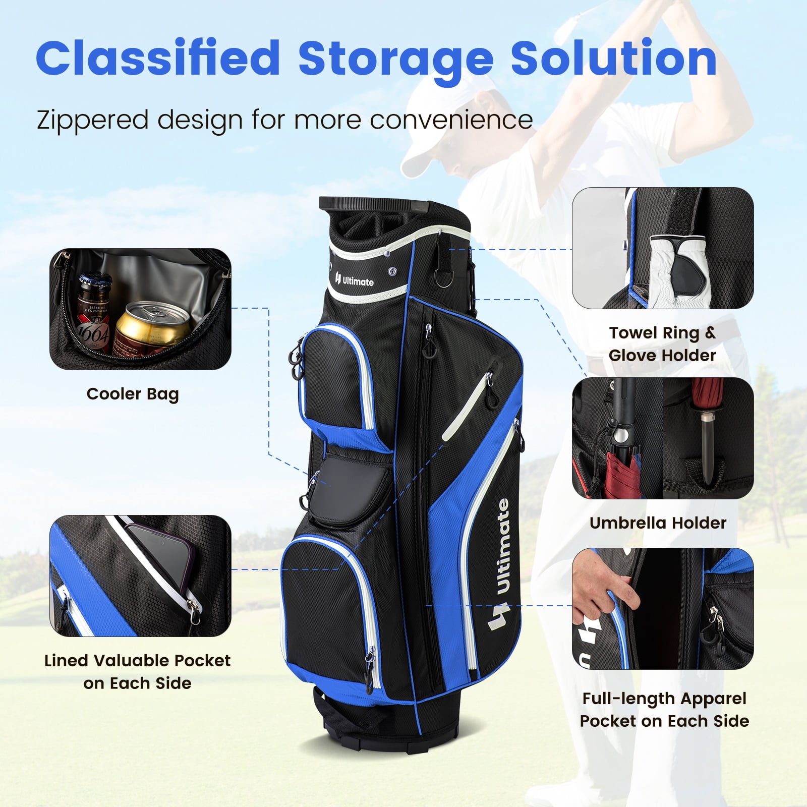 Topbuy 14-Way Golf Cart Bag Golf Club Bag with 14 Ways Organizer Divider Top 9 Zippered Pockets Cooler Bag Umbrella Holder Blue
