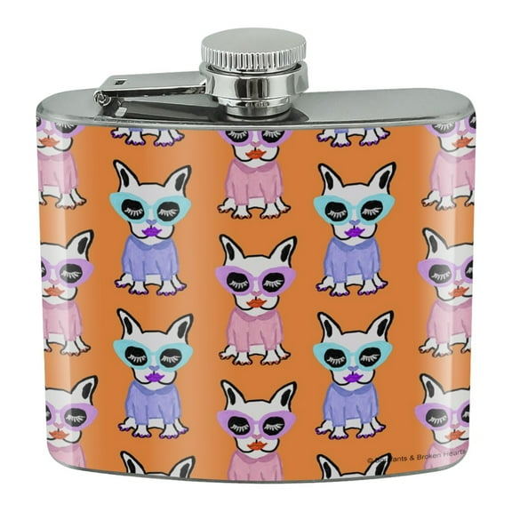 Fancy Frenchies Dogs Pattern Stainless Steel 5oz Hip Drink Kidney Flask