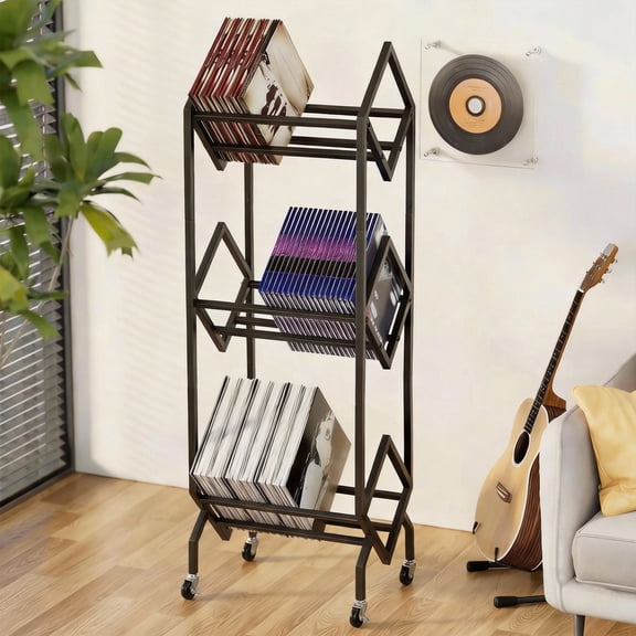 Yucurem 3-Tier Vinyl Record Storage Rack with Wheels, 300 LP Albums Storage Display Stand, Rolling Record Organizer for Vinyl (Black)