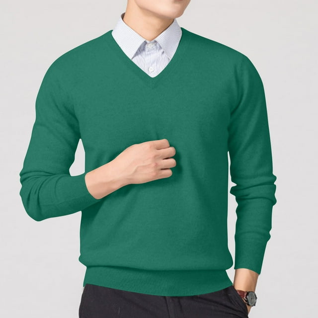 fheaev Chandail pour Hommes Automne Doux Classique Chandail d'Hiver Décontracté Mode Couleur Unie Texture Manches Longues Col en V