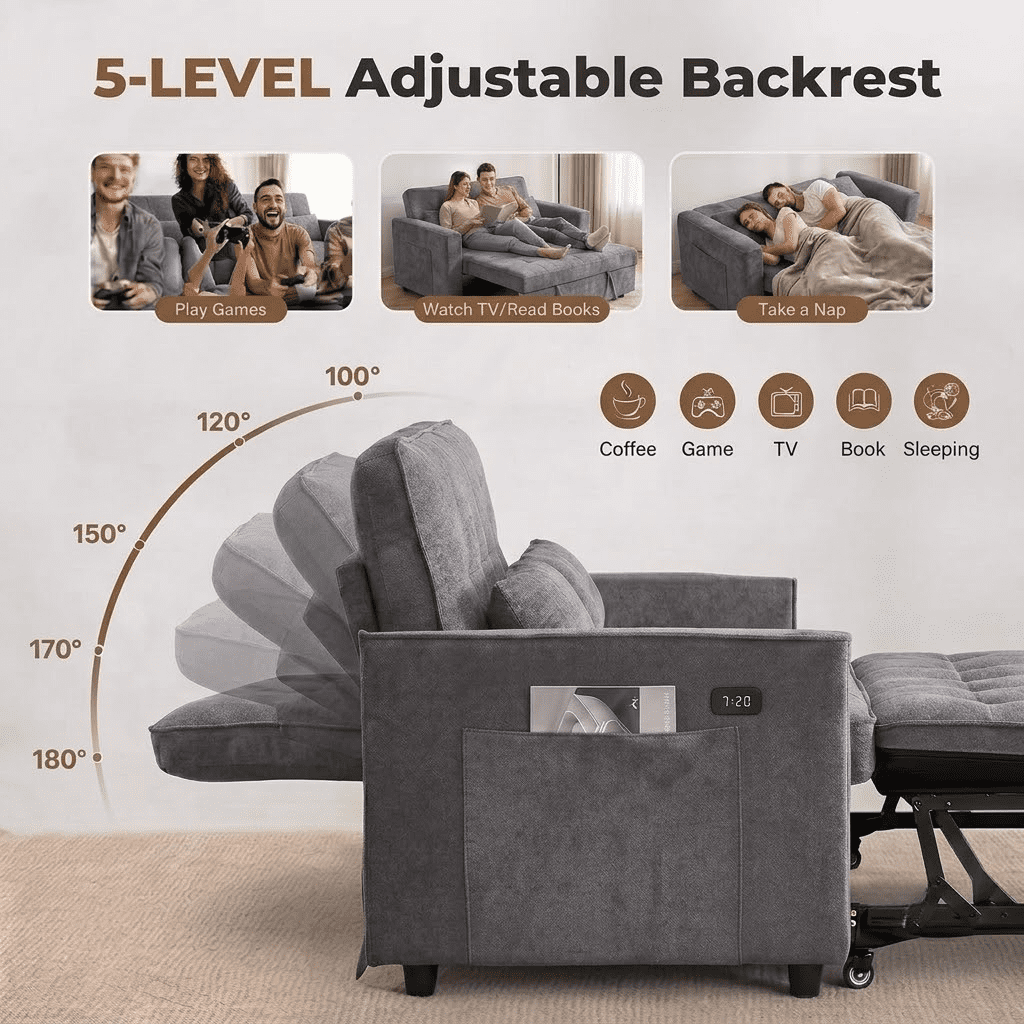 Howcool 55" Sleeper Sofa Bed, 3-in-1 Pull Out Convertible Loveseat Couch with 5-Level Adjustable Backrest, USB Port & Side Pocket, Terry Fabric Sofa for Living Room, Bedroom & Small Spaces,Light Grey