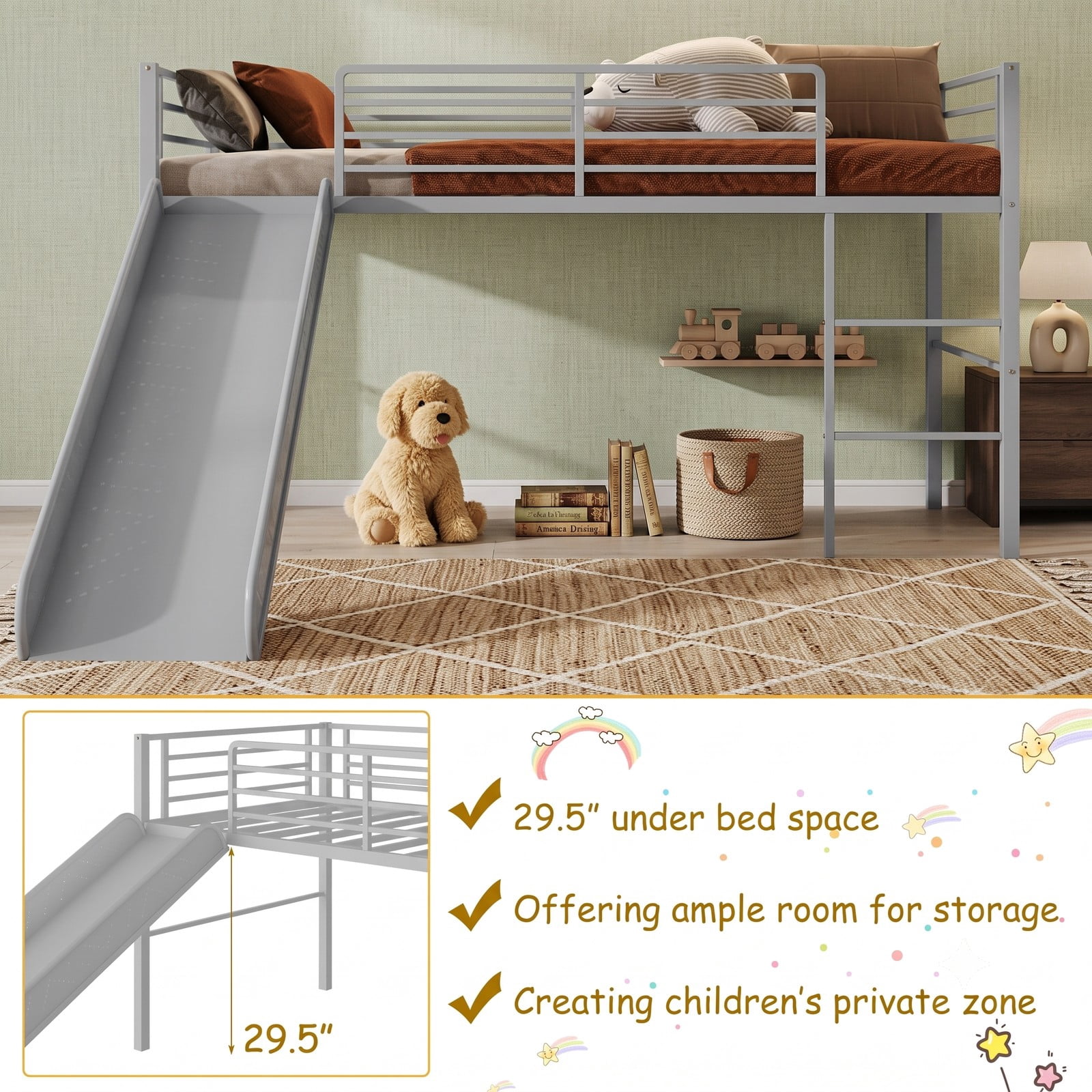 Furnibear Twin Metal Loft Bed with Slide and Built-in Ladder for Kids and Teens Bedroom, Space-Saving Loft Bed Frame with Guardrails, Silver