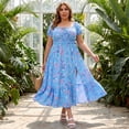 thumbnail image 3 of GRACE & GRANDEUR Women's Plus Size Floral Dress Tie Square Neck Smocked Waist Short Sleeve Side Slit Beach A Line Maxi Dresses 1X Blue, 3 of 8