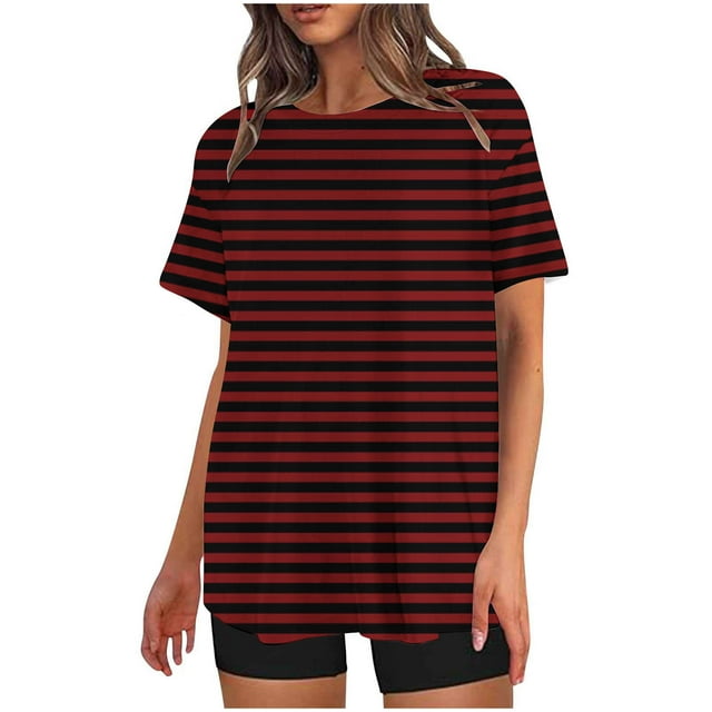 Mikilon Ensemble Élégant pour Femmes 2 Pcs Mode Décontractée Rayé Imprimé Col Rond Épaule Tombante Short Ensemble Deux Pièces Rouge-A S